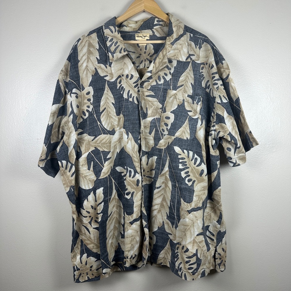Panama Jack Mens 3XL Button Down Shirt Black Tan Tropical Leaf Ramie Cotton